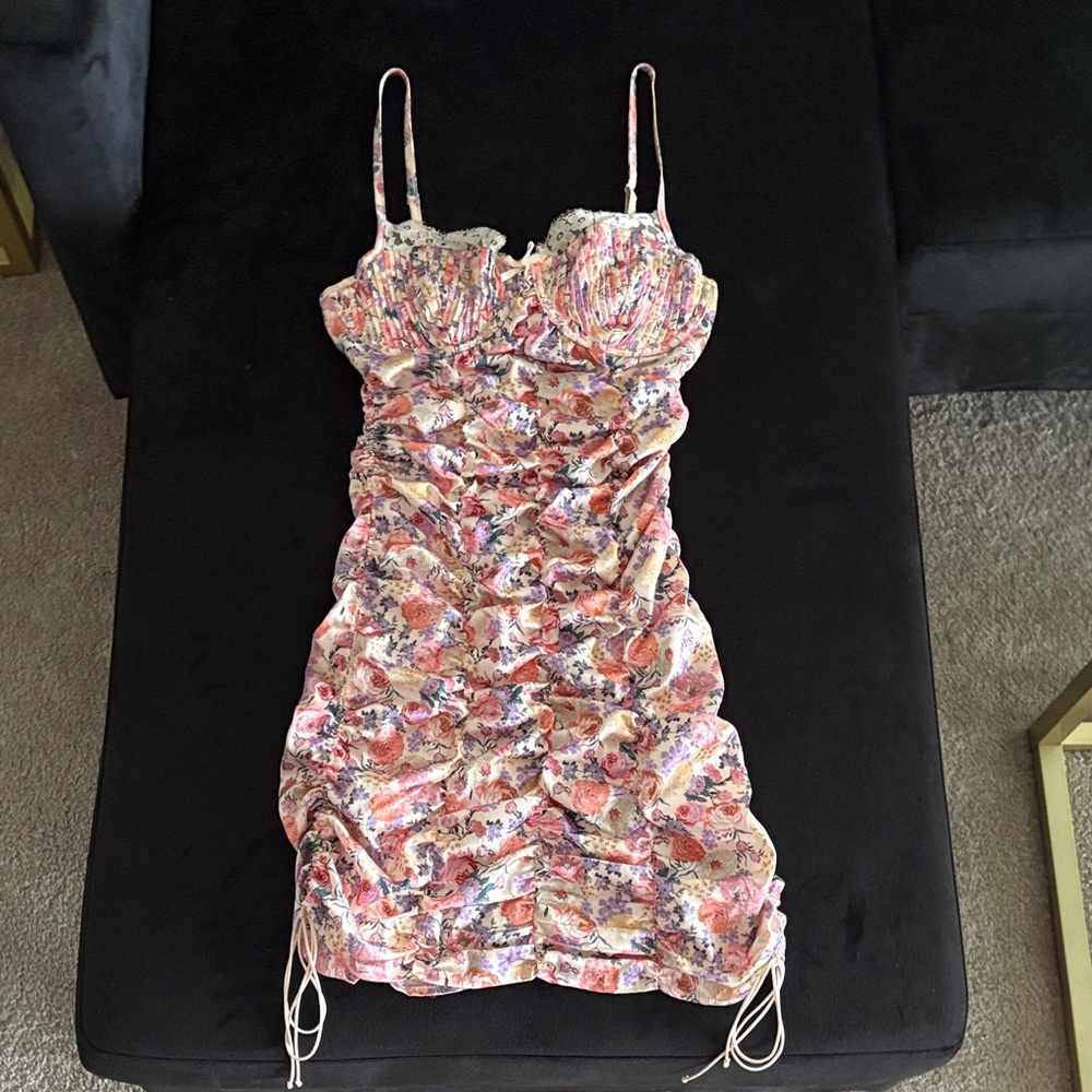 For Love & Lemons Sz XS Floral Ruched Slip Dress in Blush Pink Perfect Condition